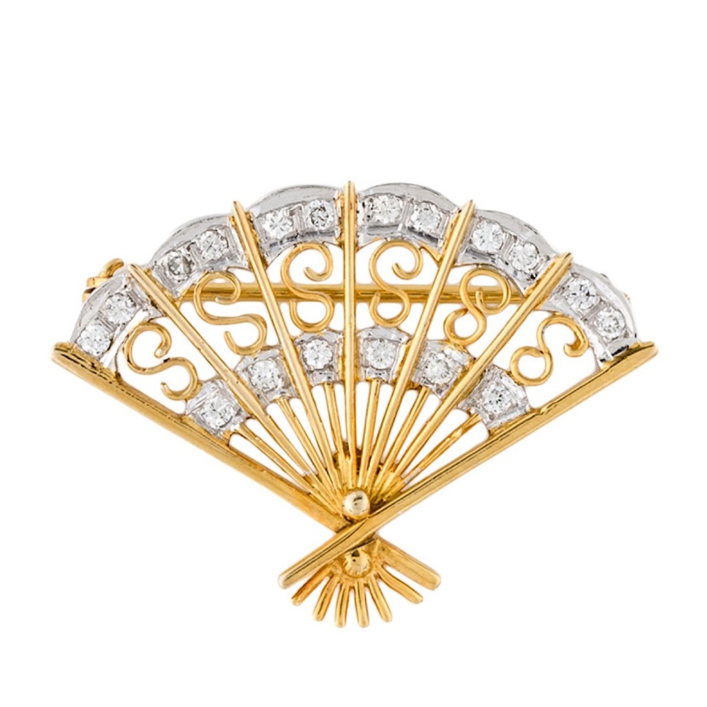 14k unisex vintage Victorian floral diamond fan brooch pin - Picture 1 of 6